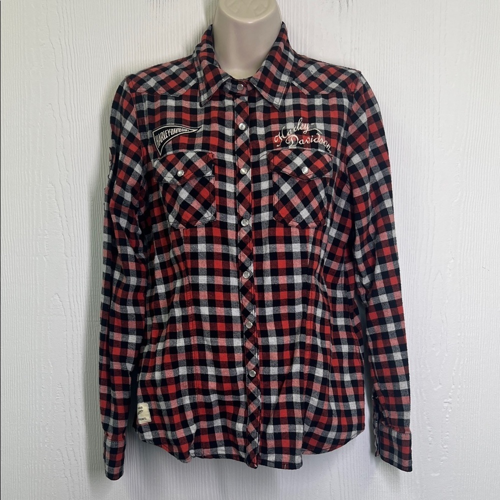 Harley Davidson - Vintage Red Plaid Patches Button Down Shirt Size Medium